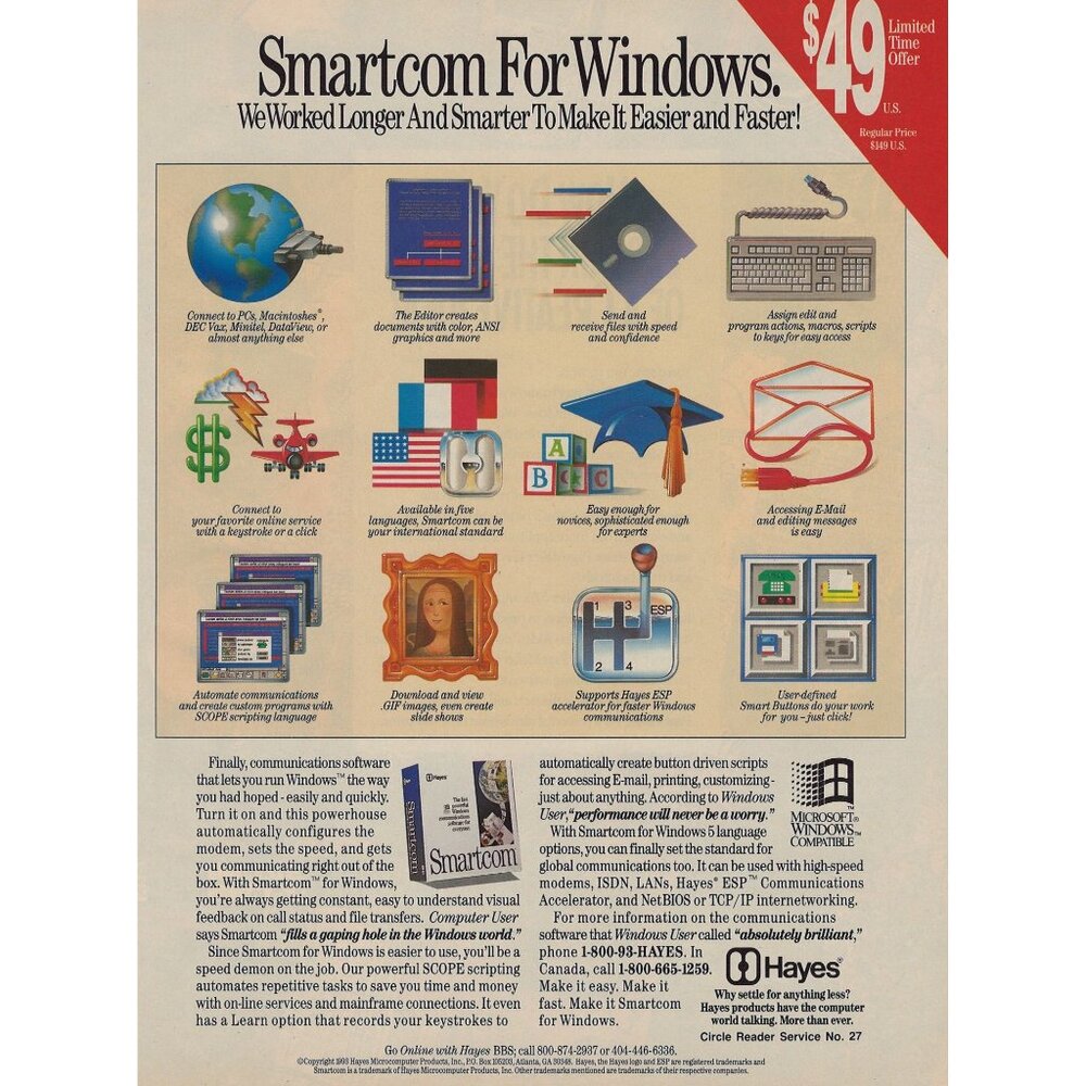 Hayes Smartcom For Windows Vintage Print Ad 1993 Communication Software u